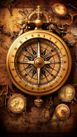 A golden compass with a detailed map backgroundの素材