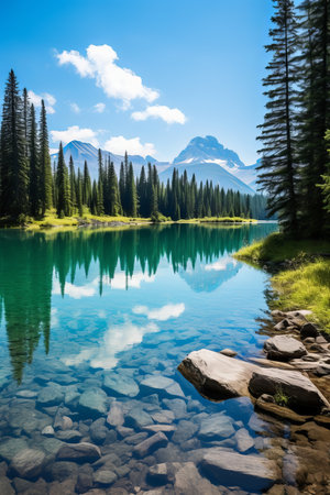 The crystal clear water of a mountain lake reflects the blue sky and green treesの素材