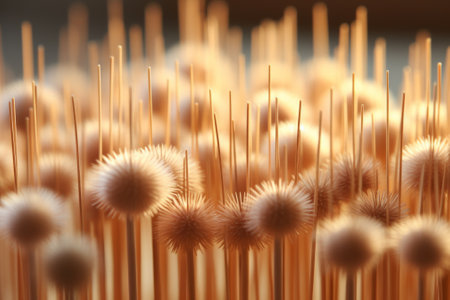 Close-up of a field of decorative fuzzy balls on sticksの素材