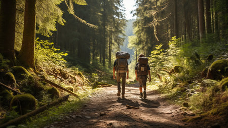 Two people hiking in the woodsの素材