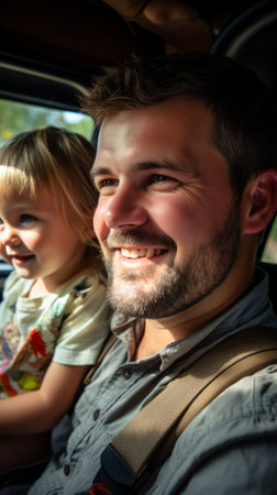 Happy Caucasian father and daughter on a road tripの素材