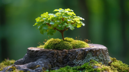 A small tree grows on a stump in the middle of a forestの素材