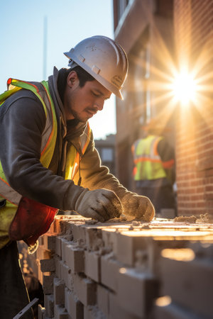 Construction worker laying bricks on a building siteの素材