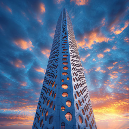 futuristic skyscraper with a unique facade designの素材