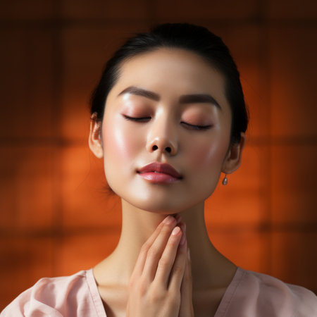 Portrait of a beautiful young Asian woman with her eyes closed and hands clasped in prayer.の素材