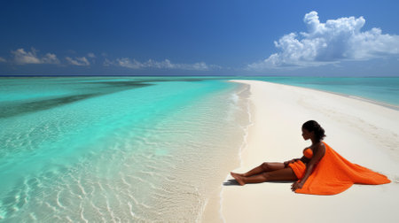A woman relaxing on a tropical beachの素材