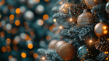 Christmas tree with golden and silver ornaments and blurred lights in the backgroundの素材