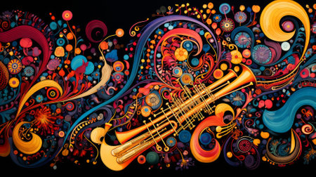 Colorful abstract trumpet with floral elementsの素材
