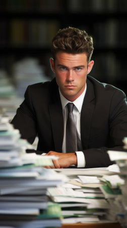 Young professional man looking stressed with paperworkの素材