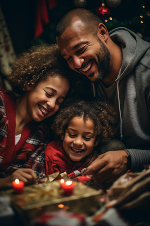 Happy African American family opening Christmas presentsの素材