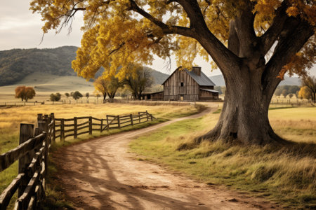 Country road in autumn with a barn and a large treeの素材