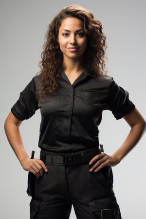 Smiling policewoman with curly hair posing with hands on hipsの素材