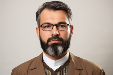 Portrait of a Persian man with glasses and a beard wearing a brown suitの素材