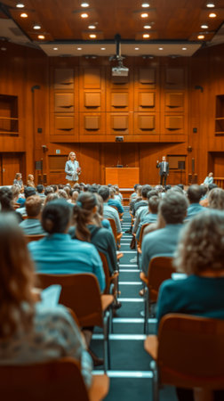 Audience listens to a lecturer in a college lecture hallの素材