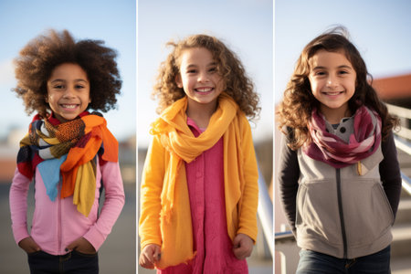 Three young girls with curly hair wearing scarvesの素材