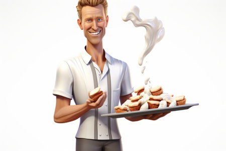 Cheerful male baker holding tray of muffinsの素材