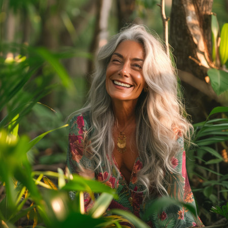Portrait of a smiling woman with long gray hair and a floral dress standing in a lush green jungleの素材