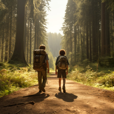 Two boys hiking in a forestの素材