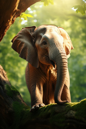 Elephant standing on a branch in the jungleの素材