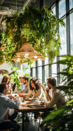 A group of people are sitting around a table in a restaurant.の素材