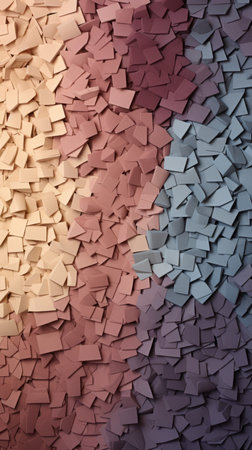 3D rendering of a wall made of small tiles in various shades of pink, purple, and blueの素材