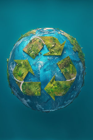 Planet Earth with a recycling symbol made of green leaves and blue waterの素材