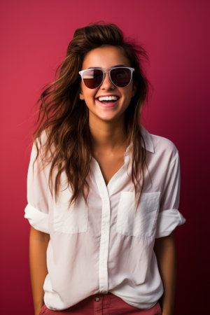 Portrait of a smiling young woman wearing sunglassesの素材