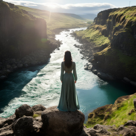 A woman standing on a rock in front of a canyonの素材