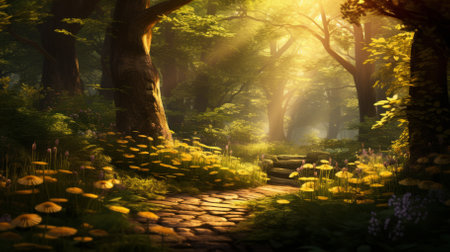 Mystical forest path with a beautiful sunlit clearingの素材
