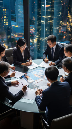 A group of people are sitting around a table having a meetingの素材