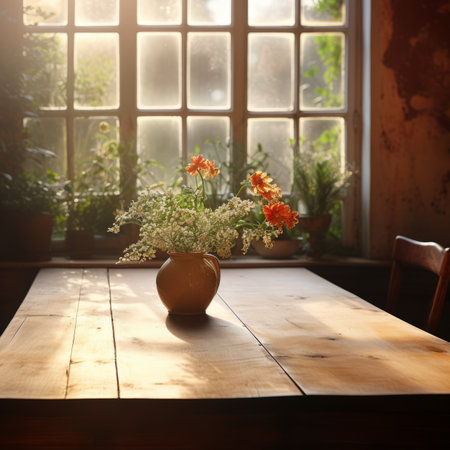 A ceramic vase of flowers sits on a wooden table in front of a large window