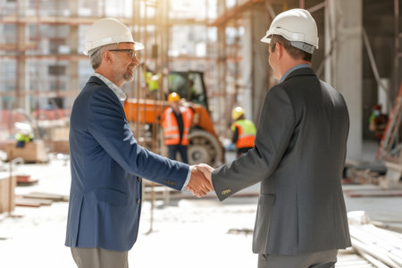 Two businessmen in hardhats shaking hands at a construction siteの素材