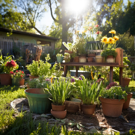 A lush garden with a variety of flowers and plantsの素材
