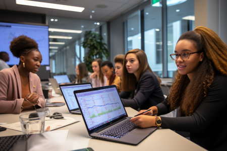 A group of young professional women in a meeting discussing data and chartsの素材