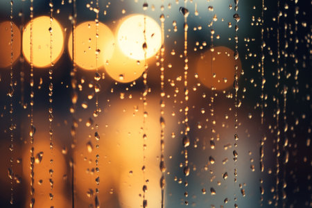 Raindrops on a window with blurred city lights in the backgroundの素材