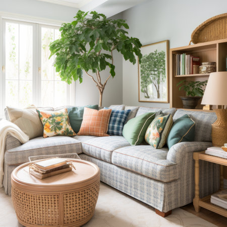 A cozy living room with a large tree in the cornerの素材