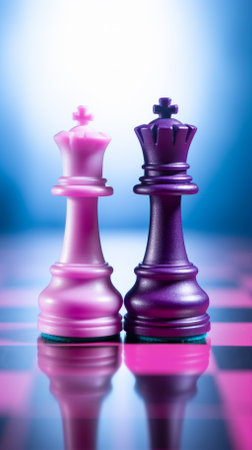 Purple and pink chess pieces on a chessboardの素材