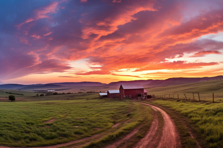 Country road at sunset with a red barn in the distanceの素材