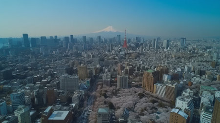 Tokyo cityscape with cherry blossoms and Tokyo Towerの素材