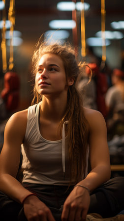 Portrait of a young female boxer in a white tank top sitting on the floor of a boxing gym looking up at the heavy bags hanging from the ceilingの素材
