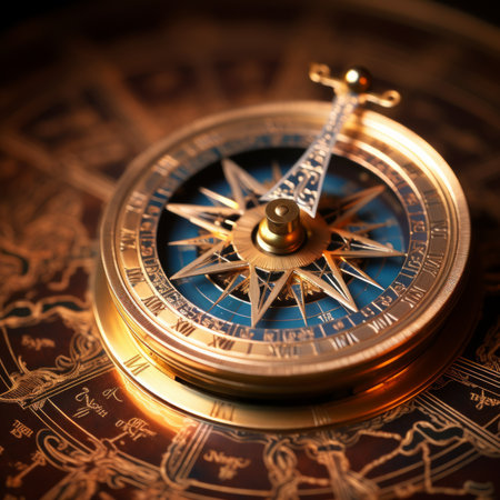 ornate golden compass on top of an old mapの素材