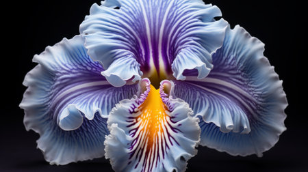 A stunning close-up of a blue iris flower with yellow and orange markings on a black backgroundの素材