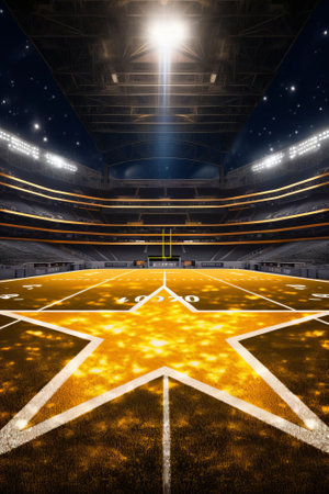 American football stadium with glowing field and starの素材