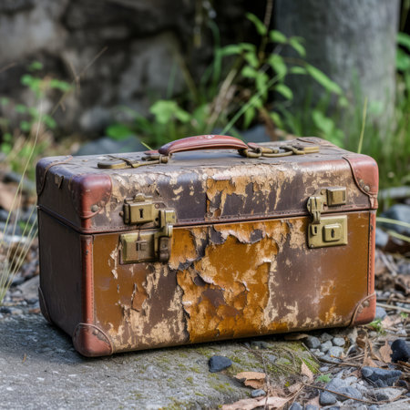 weathered suitcase sits on the groundの素材