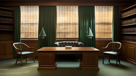 Vintage interior of a home library with a wooden desk and green curtainsの素材