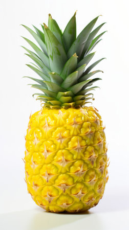 Single pineapple with green leaves isolated on white backgroundの素材