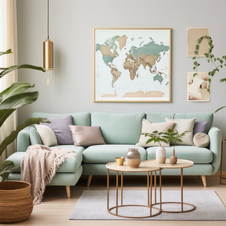A stylish living room with a world map posterの素材