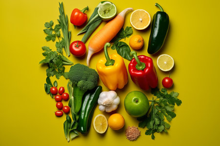 A variety of fresh vegetables and fruits are arranged on a yellow backgroundの素材