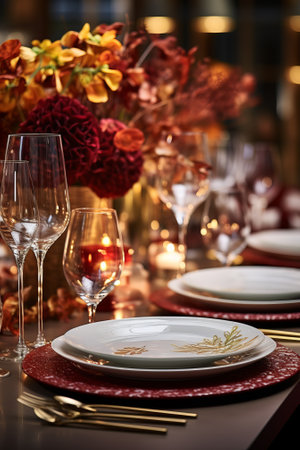 Elegant table setting with wine glasses and floral centerpieceの素材