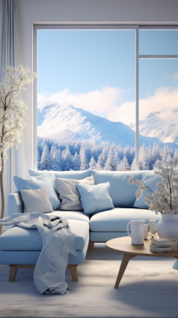 A cozy living room with a view of snow-capped mountainsの素材
